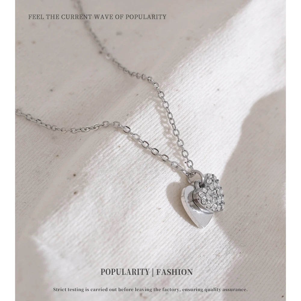 NiNice Necklaces for Women 316L Stainless Steel Original Double Layered Heart-Shaped Cubic Zirconia Pendant Romantic Engagement