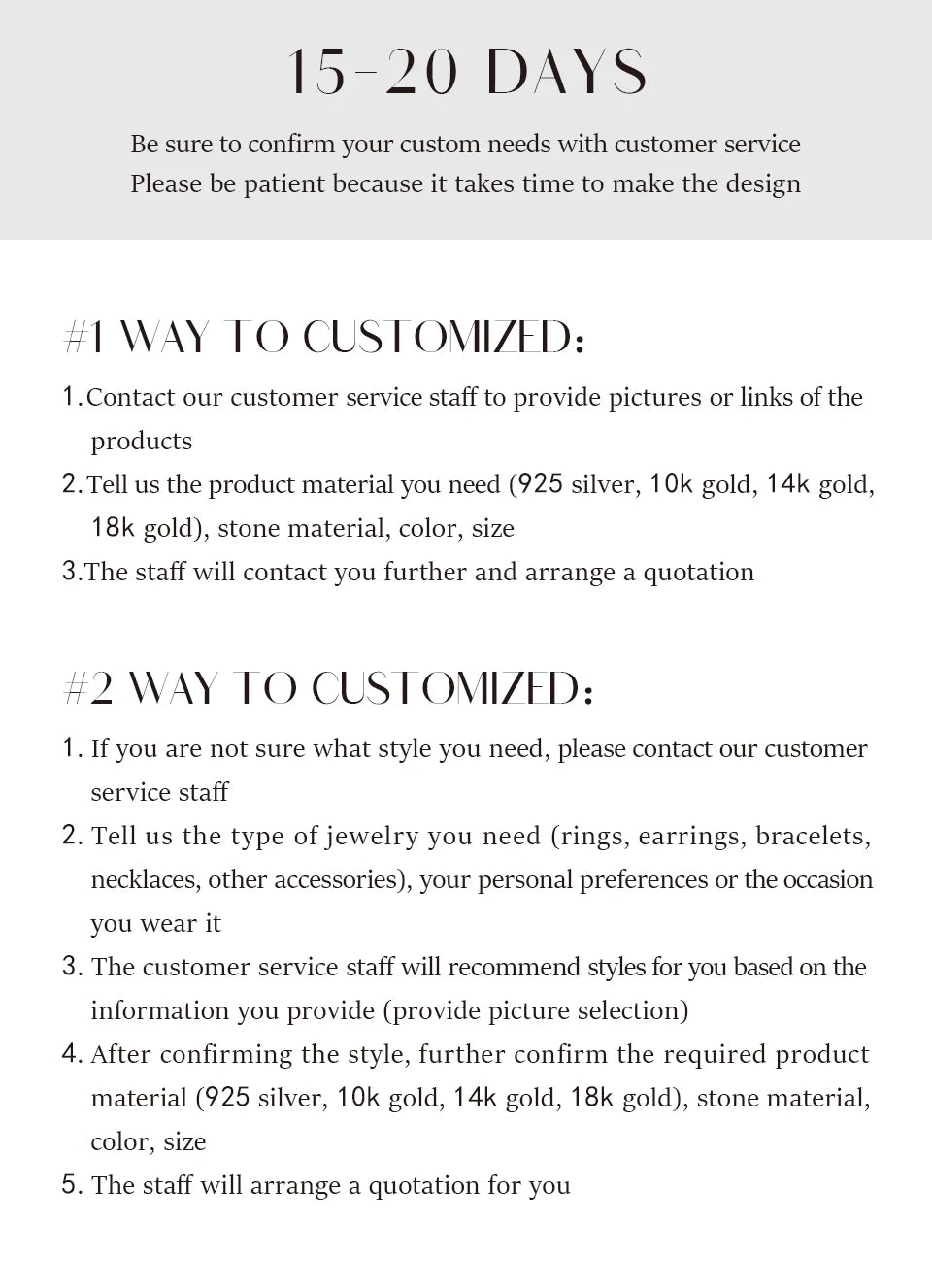 Instructions for customizing jewelry with customer service on a white background