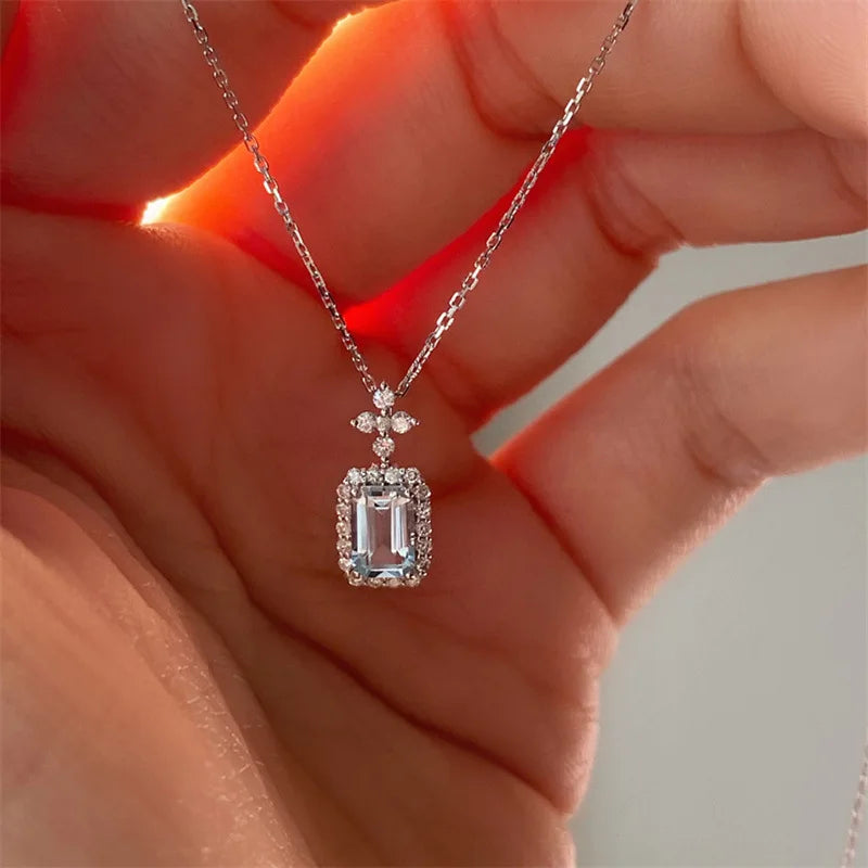 2025 New Square Light Blue Zircon Necklace Women's Engagement Wedding Accessories Brilliant Pendant  Fashion Jewelry