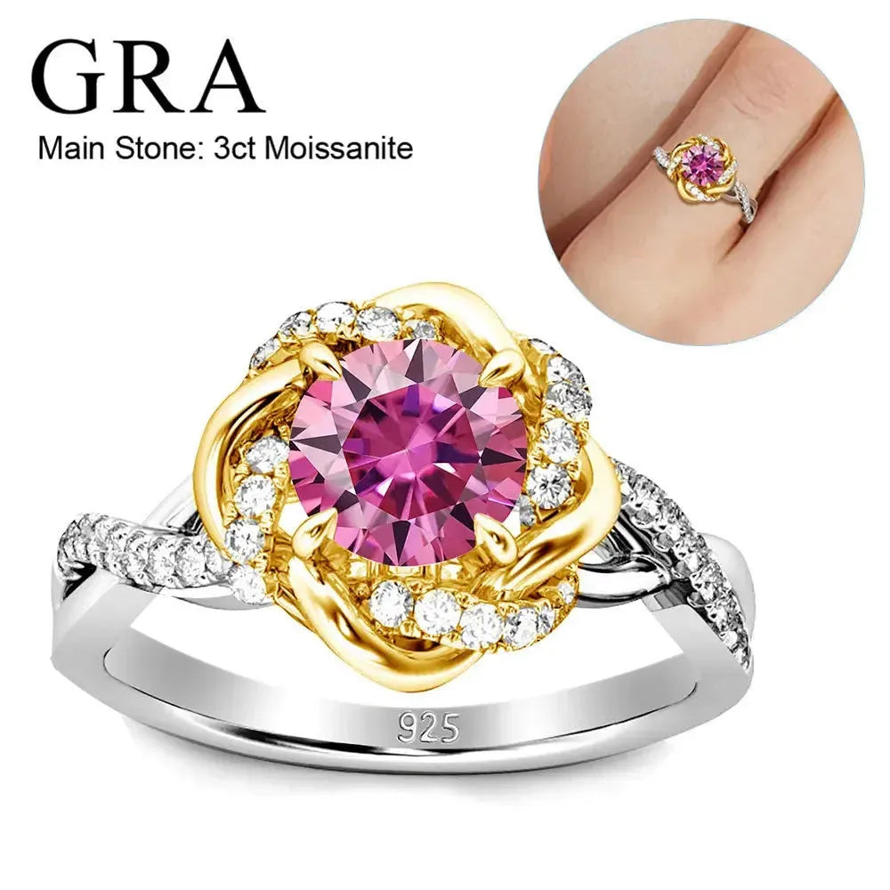 A ring featuring a 3-carat pink moissanite as the main stone, surrounded by smaller clear stones. The setting is a mix of gold and silver, with a twisted band design. The ring is stamped with "925," indicating sterling silver. An inset image shows the ring worn on a finger.