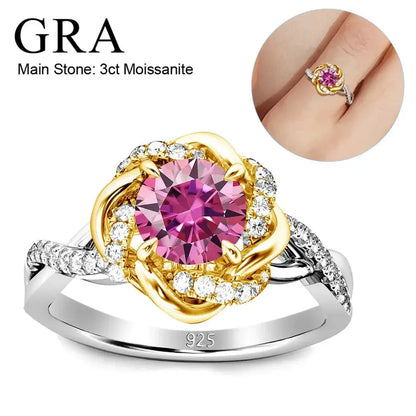A ring featuring a 3-carat pink moissanite as the main stone, surrounded by smaller clear stones. The setting is a mix of gold and silver, with a twisted band design. The ring is stamped with "925," indicating sterling silver. An inset image shows the ring worn on a finger.