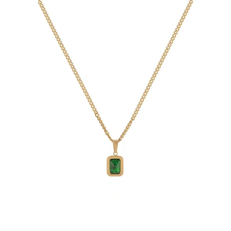 Retro Square Green Zircon Pendant Necklace For Women Titanium Steel Necklace Girls Wedding Engagement Jewelry