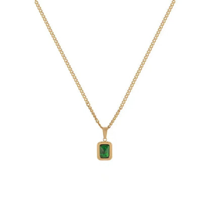 Retro Square Green Zircon Pendant Necklace For Women Titanium Steel Necklace Girls Wedding Engagement Jewelry