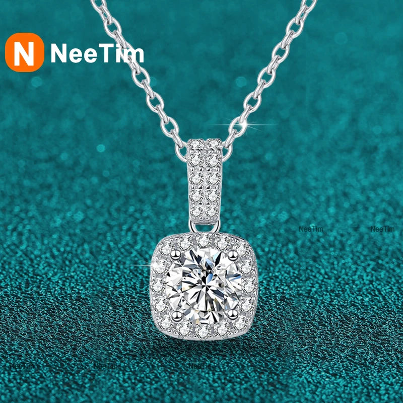 NeeTim 1ct 2ct Moissanite Pendant Necklace S925 Sterling Silver Sparkling Lab Diamond Chain for Women Engagement Fine Jewelry