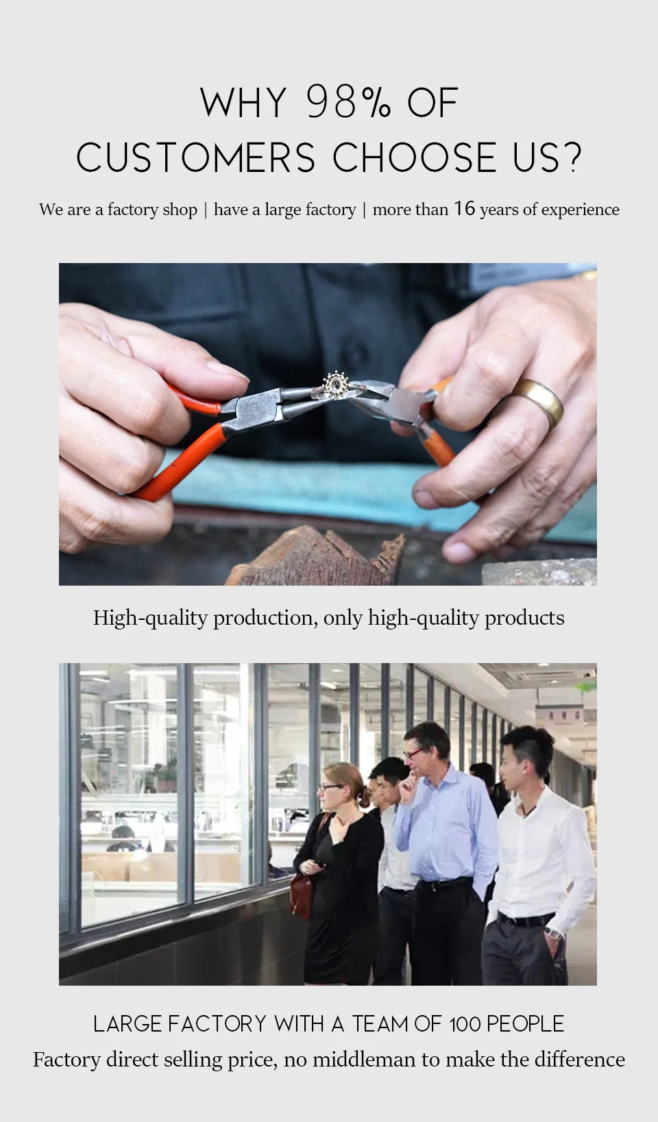Promotional image with text about customer choice, factory details, and high-quality products.