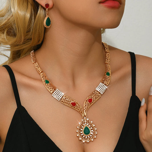 French socialite style exaggerated, grand, noble, exquisite gold colored necklace earring set