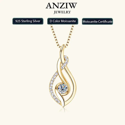 Anziw 925 Sterling Silver 4mm Round Moissanite Twist Pendant Necklace Gold Plated Sparking Diamond Party Jewelry for Women Gifts Pearl pulse Jewelry