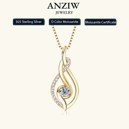 Anziw 925 Sterling Silver 4mm Round Moissanite Twist Pendant Necklace Gold Plated Sparking Diamond Party Jewelry for Women Gifts Pearl pulse Jewelry