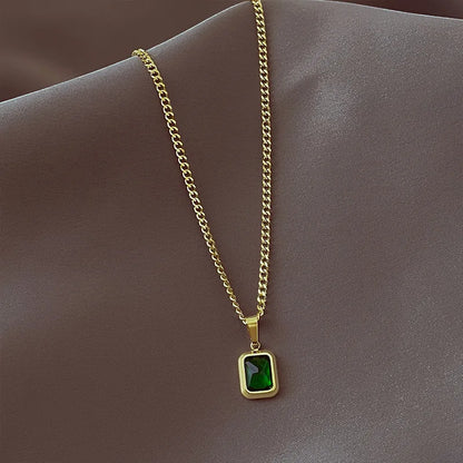 Retro Square Green Zircon Pendant Necklace For Women Titanium Steel Necklace Girls Wedding Engagement Jewelry