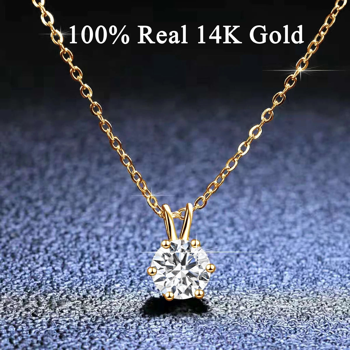 Women's Neck Chain 100% Real 14k Gold Moissanite Diamond Pendant Necklaces for Girl Wedding Engagement Valentines Gifts Jewelry