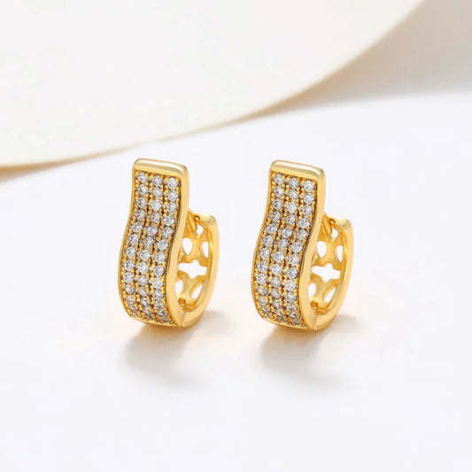 Luxury 24K 9999 Pure Gold real gold Women's Light Luxury Earrings Round Ear Buckle Three Rrows of Diamond Earrings