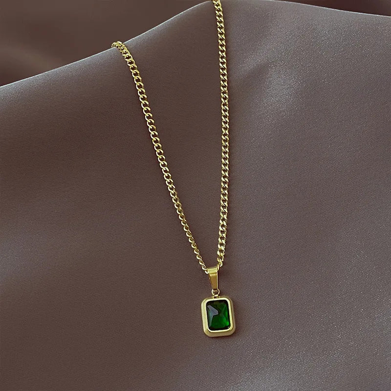 Retro Square Green Zircon Pendant Necklace For Women Titanium Steel Necklace Girls Wedding Engagement Jewelry