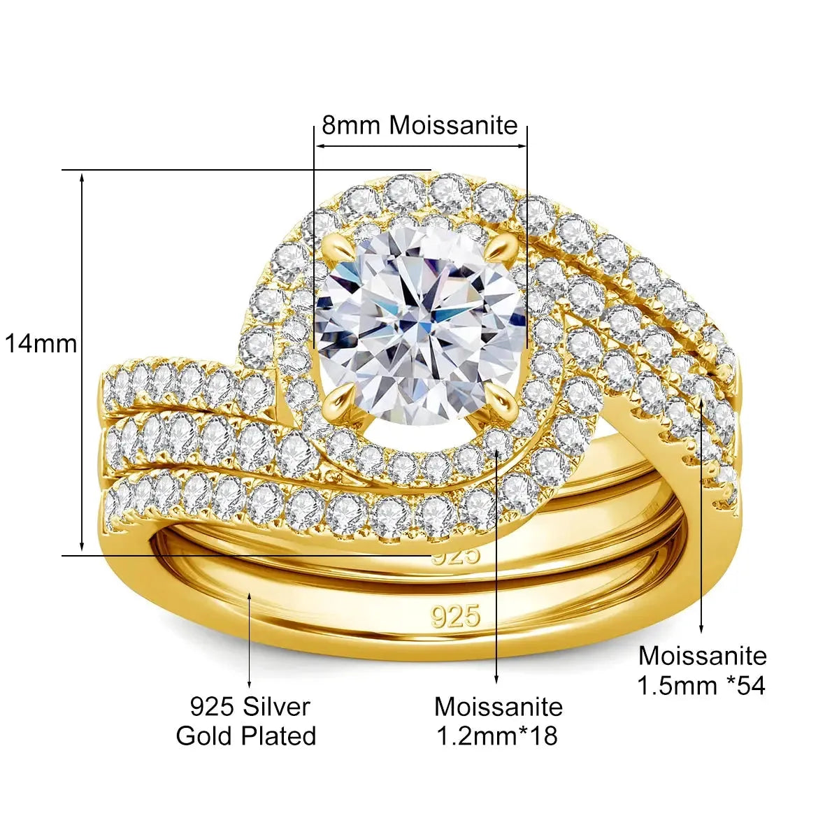 Gold-plated 925 silver ring set with moissanite stones.