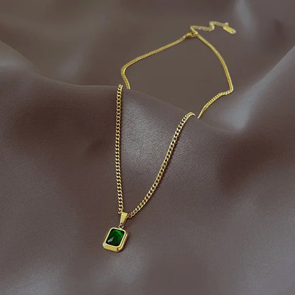Retro Square Green Zircon Pendant Necklace For Women Titanium Steel Necklace Girls Wedding Engagement Jewelry