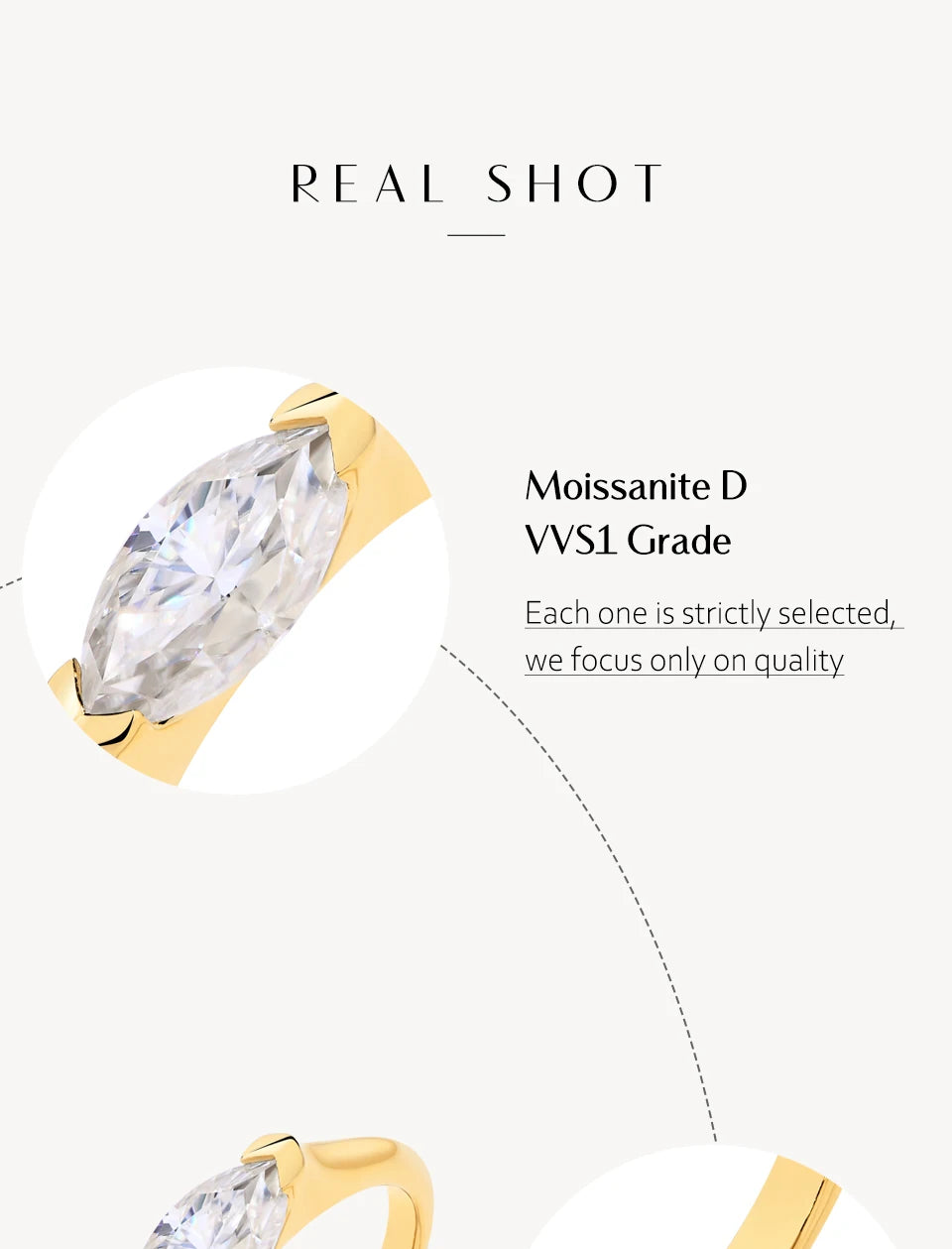 Gold ring with a Moissanite stone on a white background