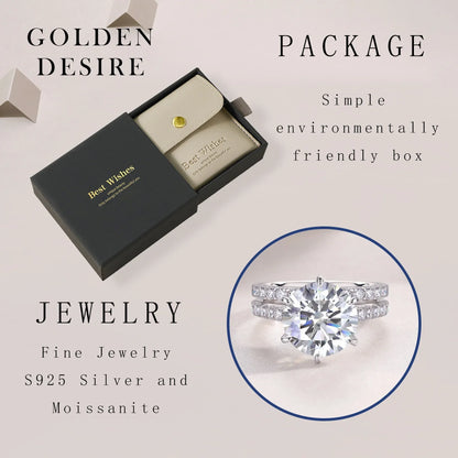 5.75CTW Moissanite Engagement Ring Set 2pcs, Round Cut, 925 Sterling Silver 18K Gold Plated, Classic Wedding Bridal Jewelry Gift