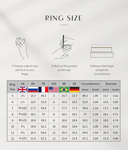 Ring size chart with measurement instructions and various flag icons