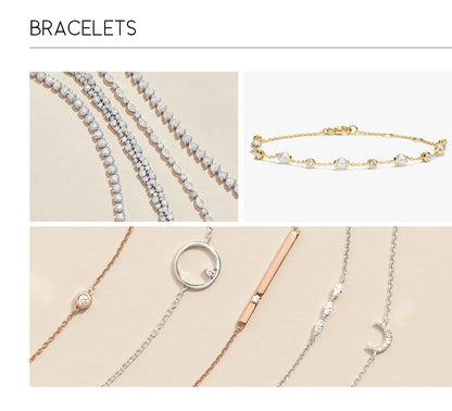 Collection of bracelets displayed on a beige background with 'BRACELETS' text at the top.