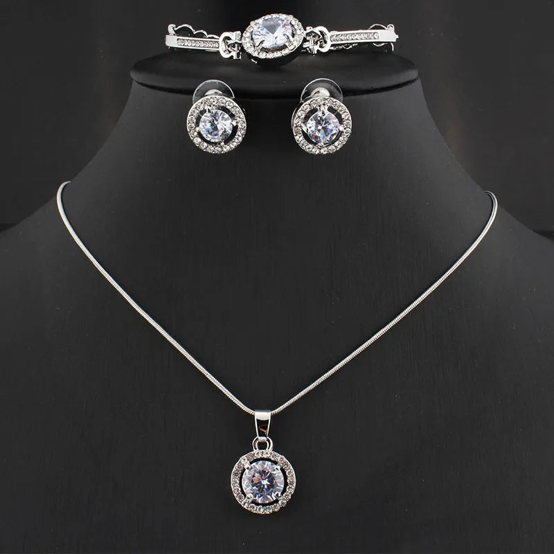 925 Sterling Silver Crystal Pendant Necklace Earrings Bracelet Jewelry Set For Women Girls Wedding Engagement Fashion Jewelry