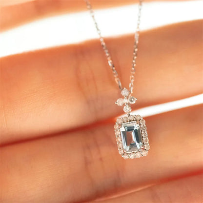 2025 New Square Light Blue Zircon Necklace Women's Engagement Wedding Accessories Brilliant Pendant  Fashion Jewelry