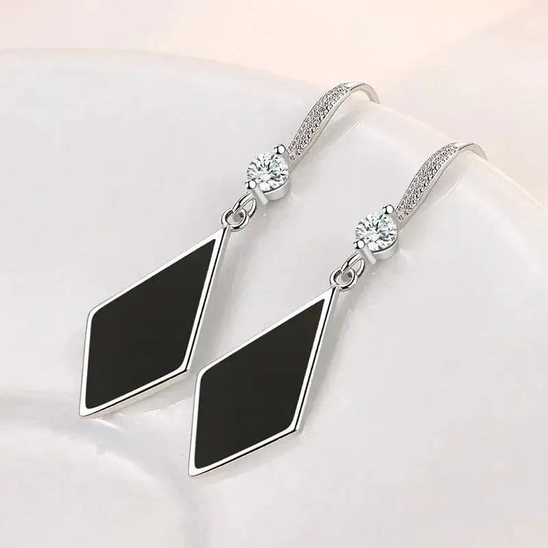 Silver Needle Black Rhombus Dangler Zircon Drop Earrings For Women