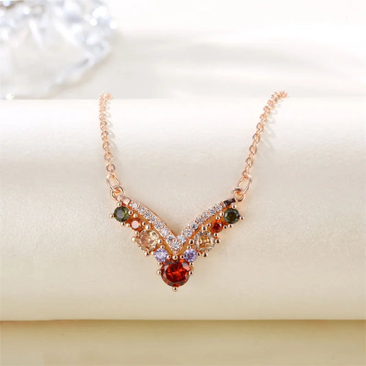 Letter V Pendant Multicolor Zircon Engagement Necklaces For Women Vintage Rose Gold Color Chain Wedding Jewelry Versatile Gifts