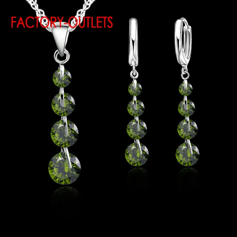 925 Sterling Silver Pendant Necklace Hoop Earrings Set Fashion Jewelry Round CZ Crystal Women Girls Engagement Anniversary