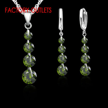 925 Sterling Silver Pendant Necklace Hoop Earrings Set Fashion Jewelry Round CZ Crystal Women Girls Engagement Anniversary