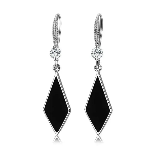 Silver Needle Black Rhombus Dangler Zircon Drop Earrings For Women 1