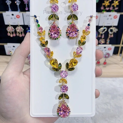 Trendy Heart Pendant Necklace Earrings For Women Engagement Fashion Jewelry Set Bridal Wedding Chokers Party Accessories Gifts