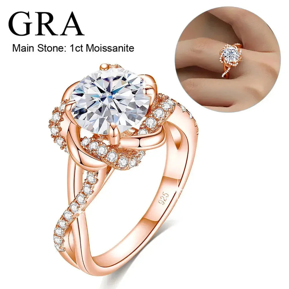 Close-up of a rose gold ring featuring a large moissanite stone surrounded by smaller stones, with a twisted band. A second image shows the ring on a finger.