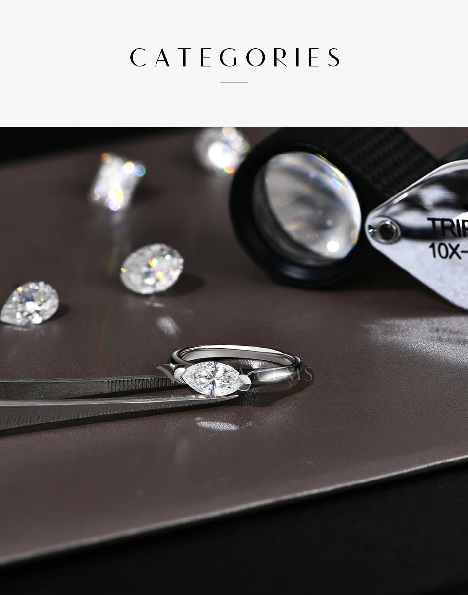 Diamond ring with tweezers and magnifying glass on a dark surface, with 'Categories' text at the top.