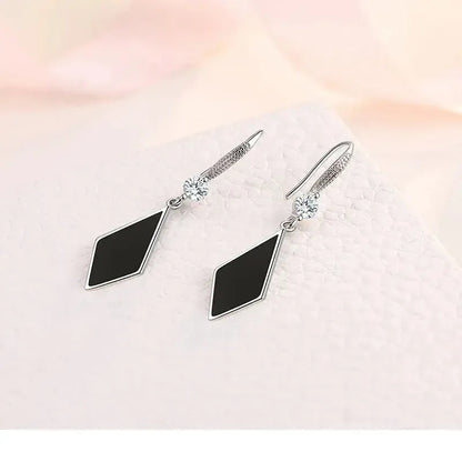 Silver Needle Black Rhombus Dangler Zircon Drop Earrings For Women