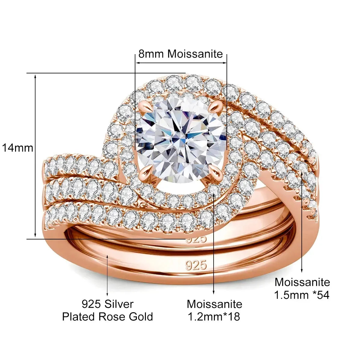 Rose gold plated silver three-piece engagement ring set with moissanite stones.