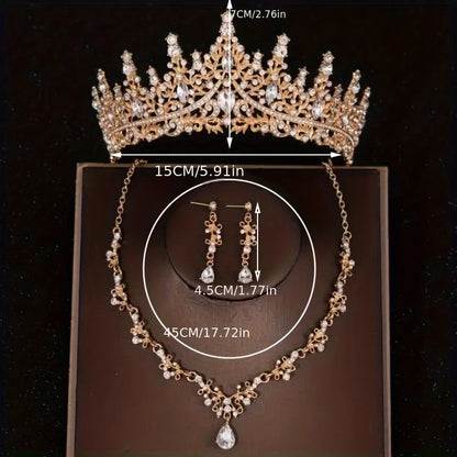 Bridal Wedding Jewelry 4-piece Set, Alloy Crystal Crown&Crystal Necklace&Earrings Women's Classic Wedding Tiaras