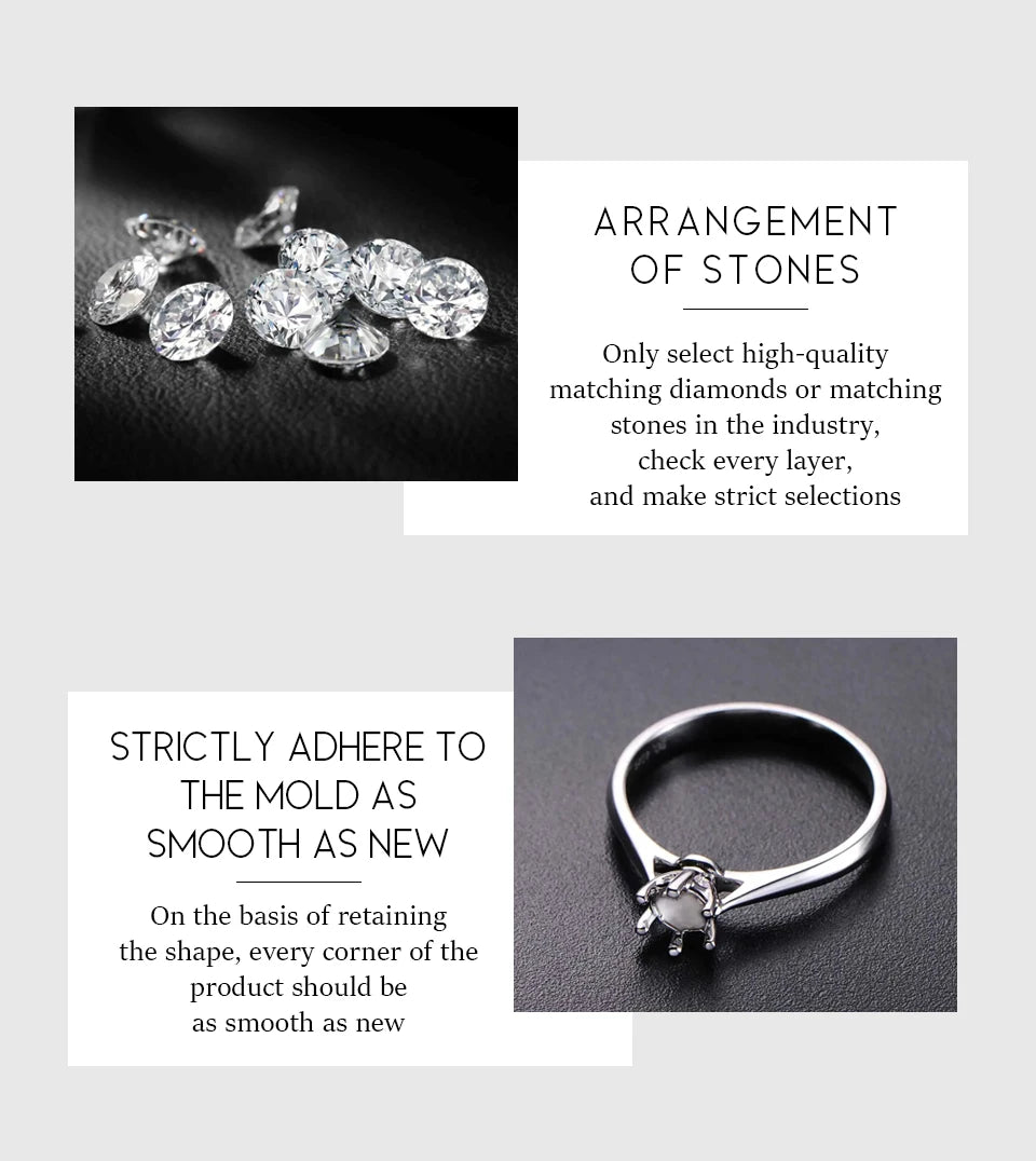 Silver ring with diamonds on a gray background, accompanied by text about stone arrangement and product smoothness.