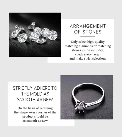 Silver ring with diamonds on a gray background, accompanied by text about stone arrangement and product smoothness.