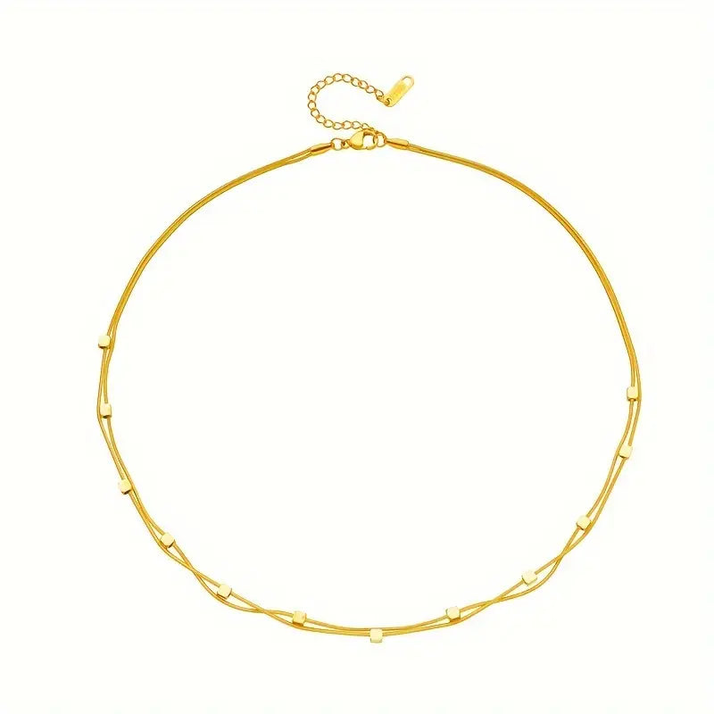 Double-Layer Square Pendant Necklace – Vintage Gold Plated Stainless Steel Jewelry
