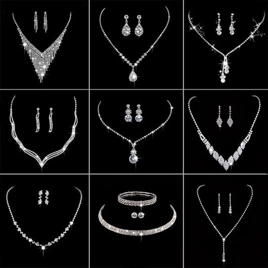 Classic Elegant Crystal Bridal Jewelry Set Shiny Rhinestone Fashion Wedding Dress Banquet Women's Necklace Earring Set