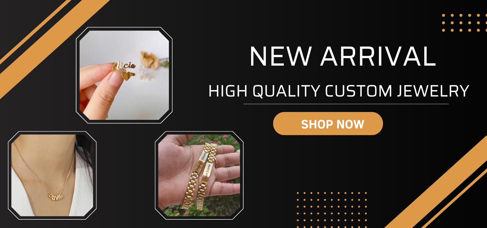 New arrival advertisement for high-quality custom jewelry. Features images of personalized jewelry pieces, including a ring, necklace, and bracelet. "Shop Now" button included.