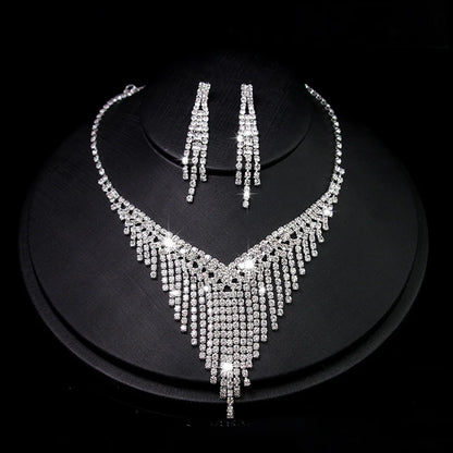 Classic Elegant Crystal Bridal Jewelry Set Shiny Rhinestone Fashion Wedding Dress Banquet Women's Necklace Earring Set